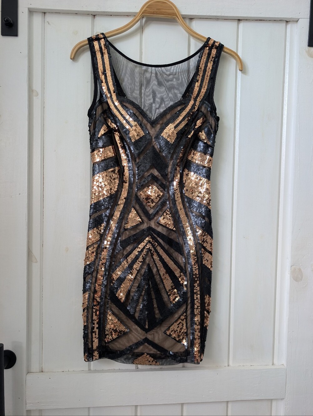 Bebe Black and Gold Sequin Bodycon Mini Dress Size XS